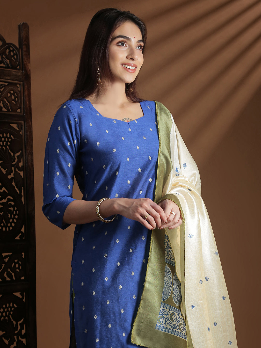 Women Dark Blue with Green Kurti Set EKS131