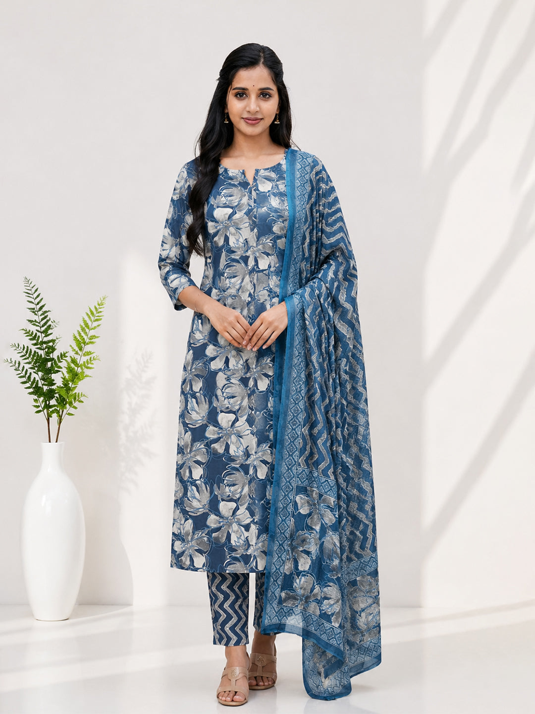 Women Cotton Rich Printed Blue Kurti Set EKS145