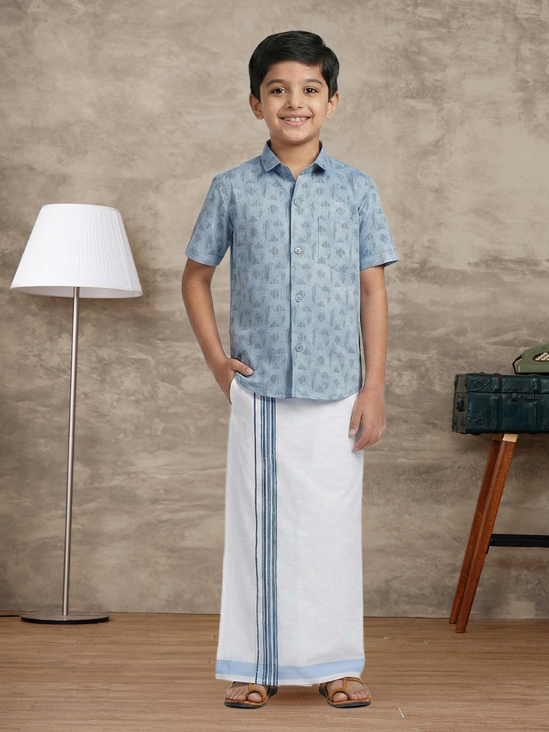 Boys Light Blue Matching Border Dhoti With Printed Shirt Set Fusion PS23