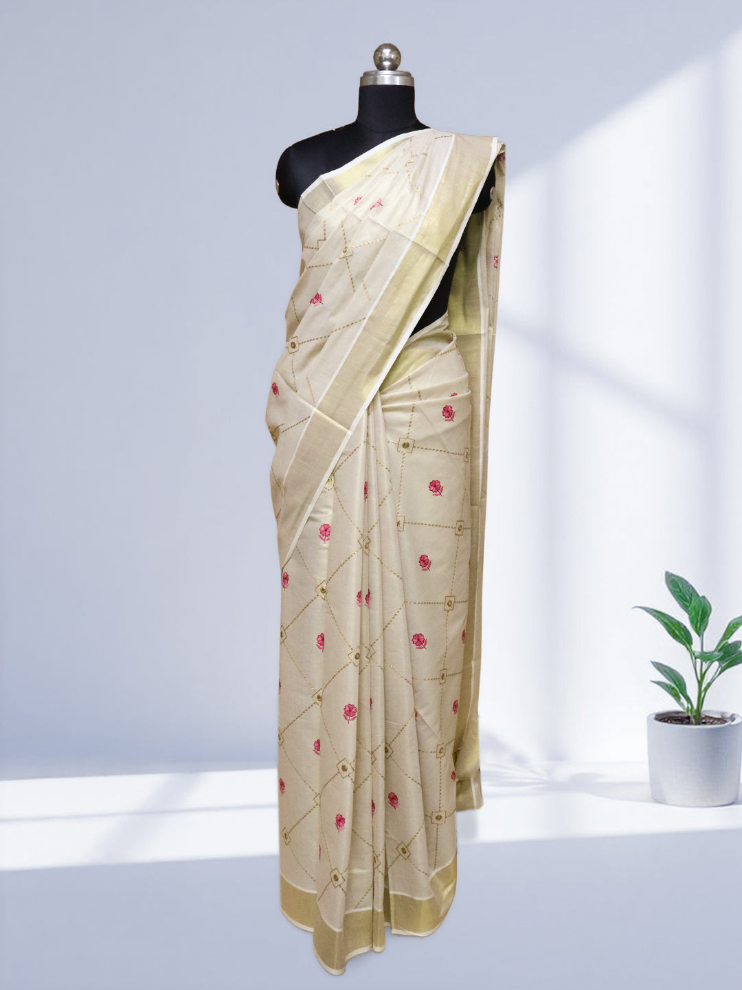 Women Kerala Tissue Gold with Flower Embroidery Saree KS213