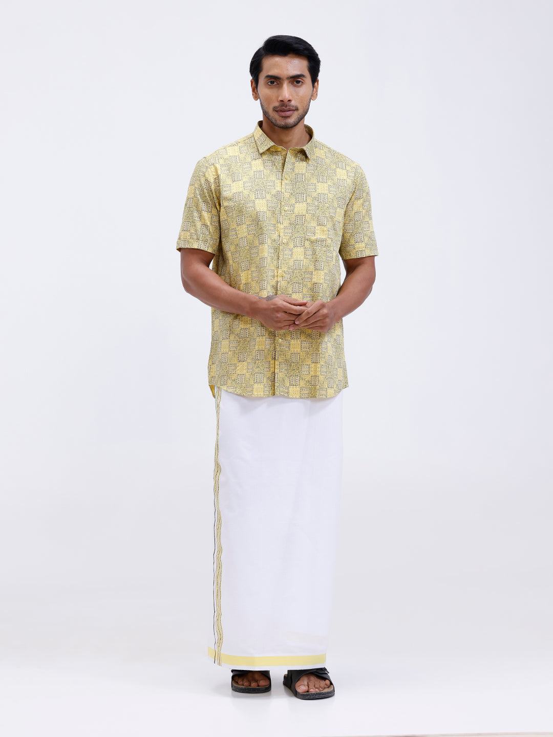 Men Golden Yellow Matching Border Dhoti With Printed Shirt Set Fusion PS14