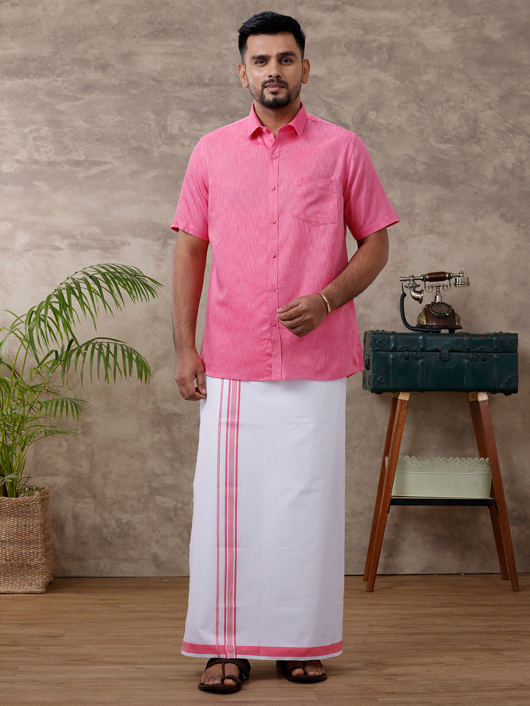 Men Matching Border Dhoti & Half Sleeves Shirt Set Pink C34