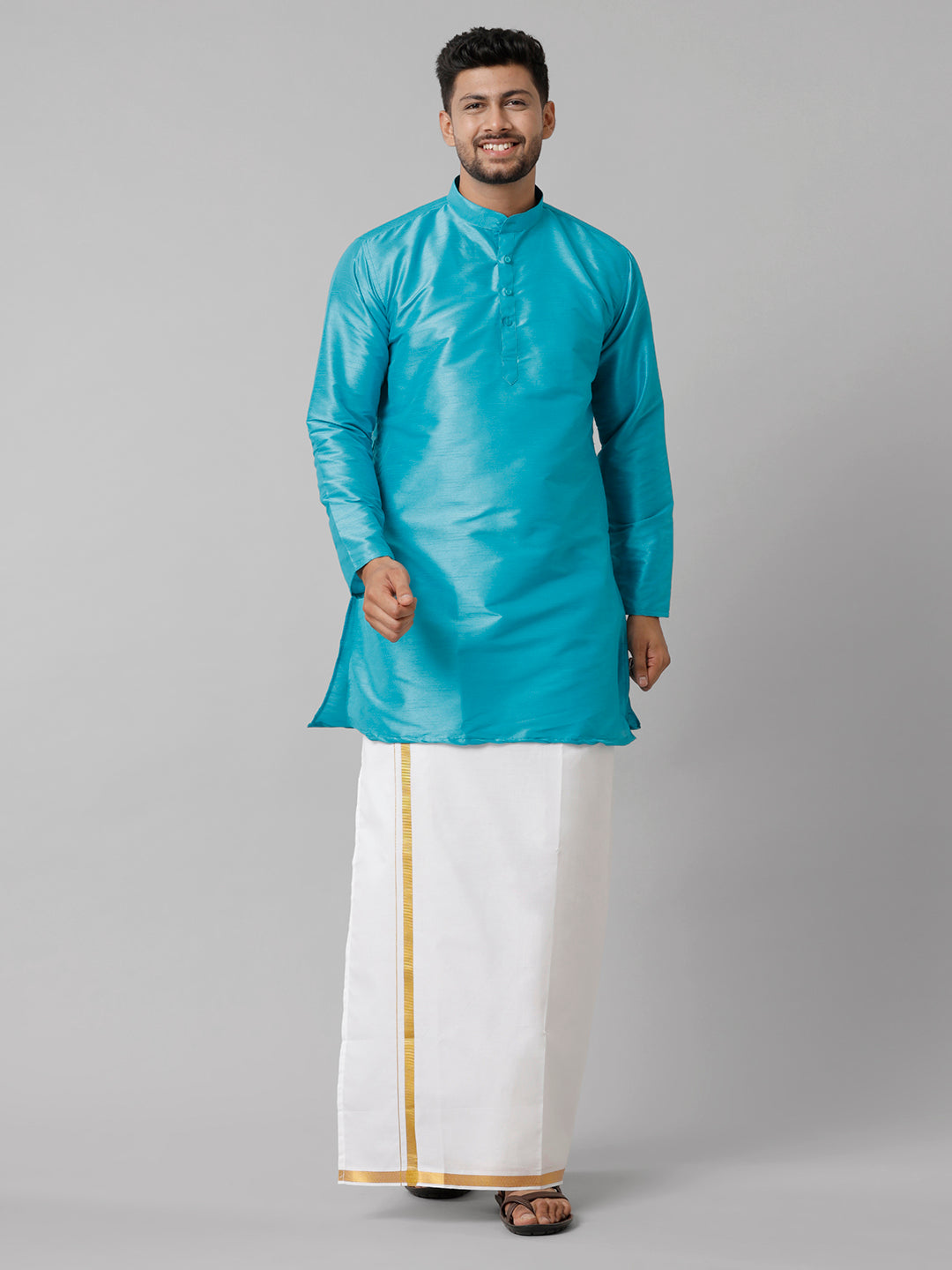 Mens Polyster Sky Blue Medium Length Kurta with White 3/4" Gold Jari Dhoti Combo SL02