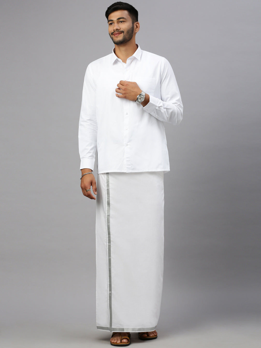 Men 100% Cotton Double Layer White Dhoti with 1"Jari Border Silver Earth