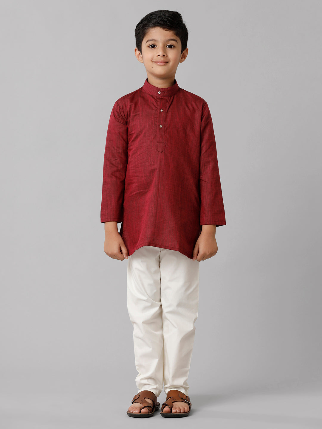 Boys Cotton Full Sleeves Maroon Kurta with Cream Pyjama Pant Combo FS7