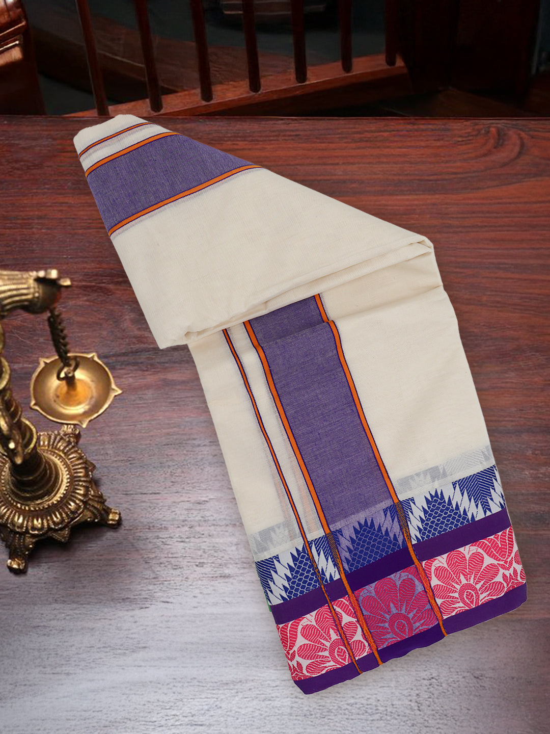 Men Kora Cotton Fancy Jari Border Panchakacham with Angavasthram (9+5) Fancy Pet Kora FPK02