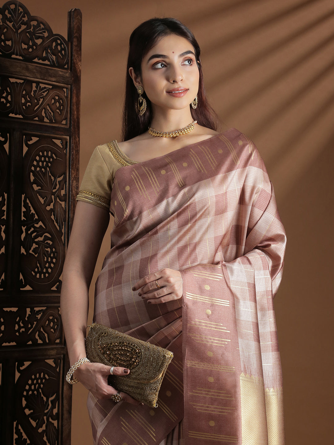 Women Semi Tussar Weaving Brown Saree ST320