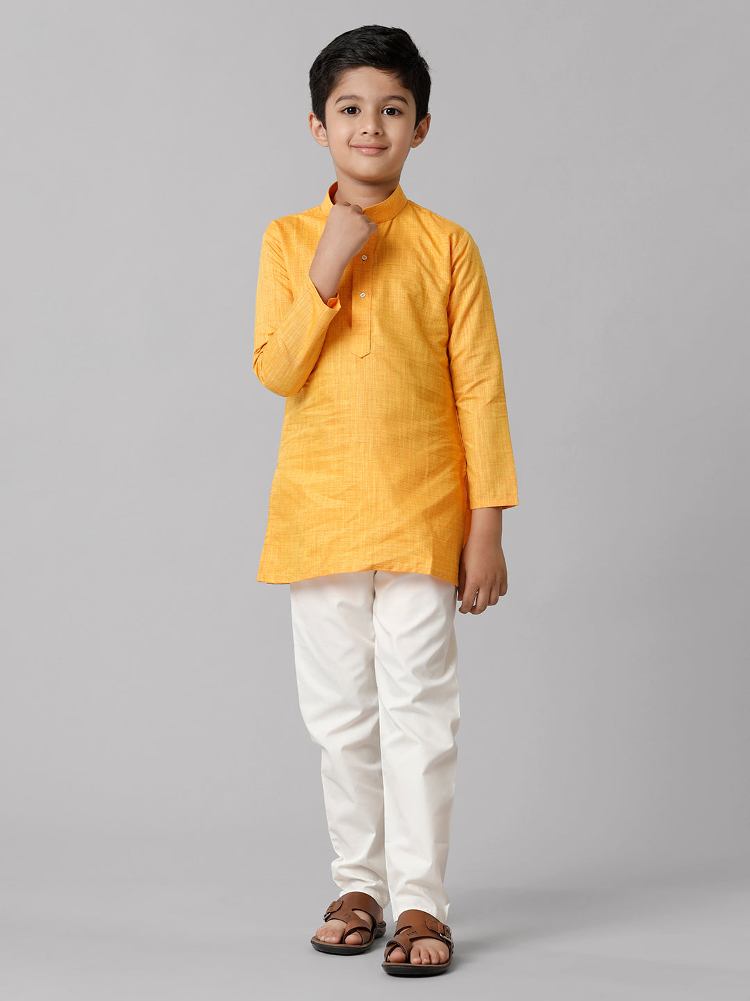 Boys Cotton Full Sleeves Yellow Kurta with Cream Pyjama Pant Combo FS1