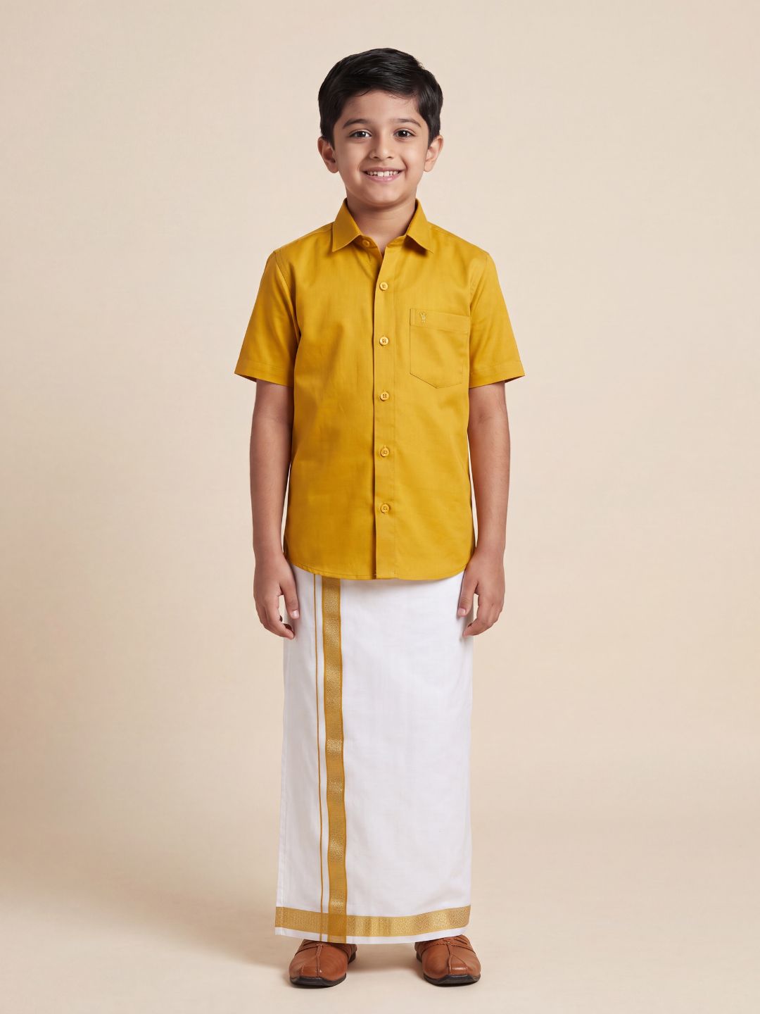 Boys 100% Cotton Orange Shirt and Fancy Border Dhoti Set BT4