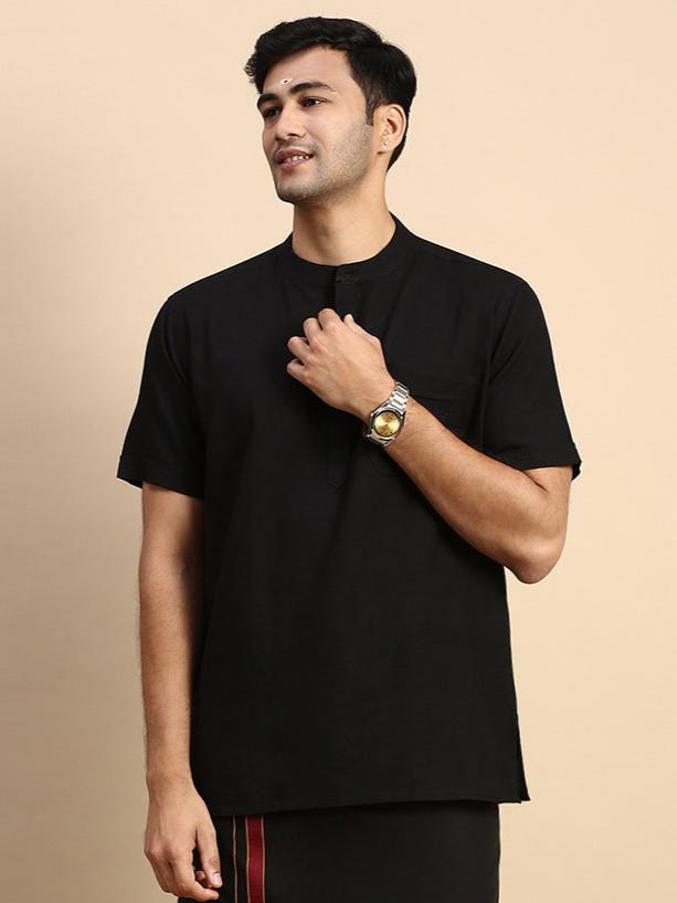 Men Cotton Short Length Plain Pocket Kurta Black PB17