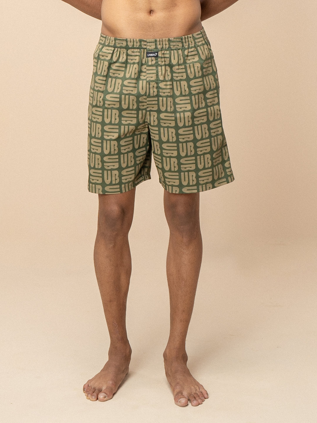Men 100% Combed Cotton Green Woven Printed Boxer Long Shorts WB49