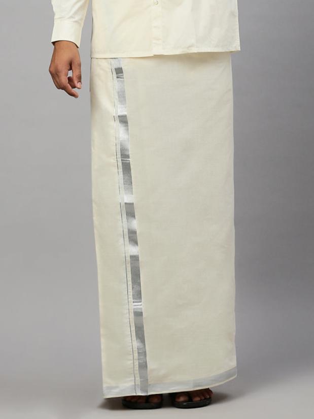 Men Kora Cotton Double Layer Dhoti with 1" Silver Jari Border Light Silver