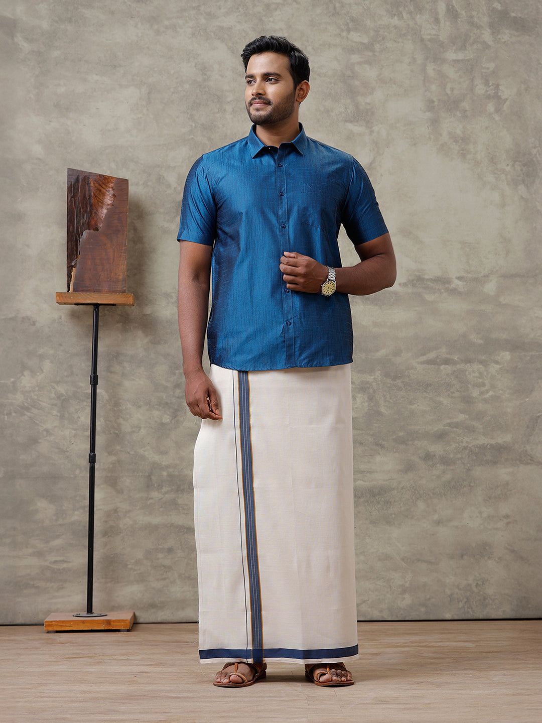 Men Cotton Blend Dark Blue Shirt and Tissue Dhoti Set VB9