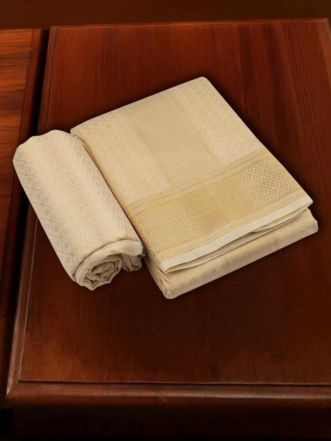 Men Art Silk Wedding Shirting Dhoti & Towel Set F.Peach Touch Tone TT28