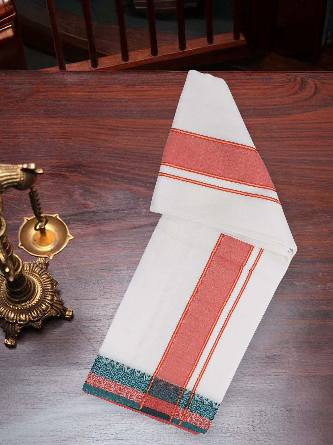 Men Cotton Orange Fancy Border Panchakacham with Angavasthram Keerthisena (9+5) KS07