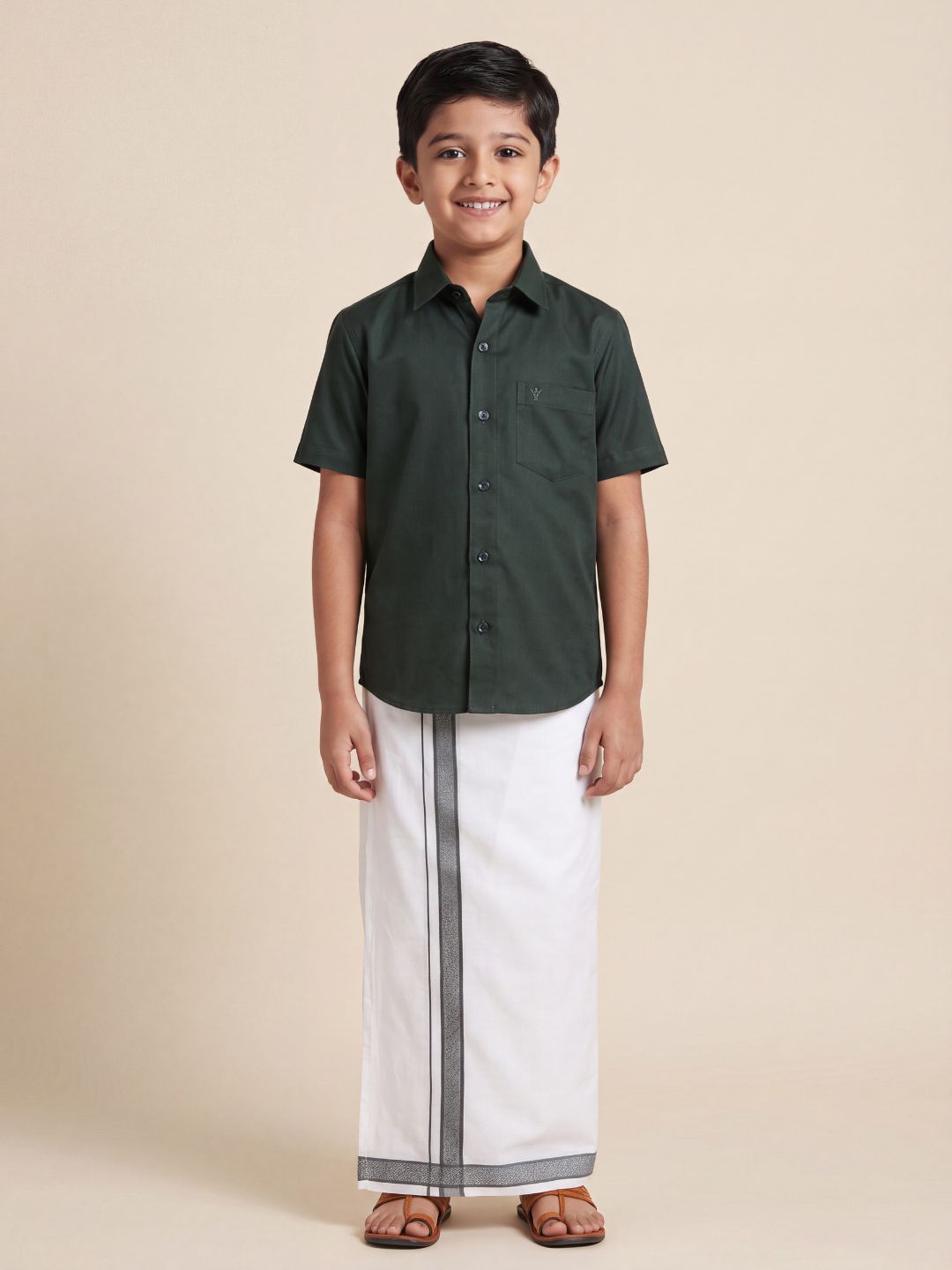 Boys 100% Cotton Dark Green Shirt and Fancy Border Dhoti Set BT10