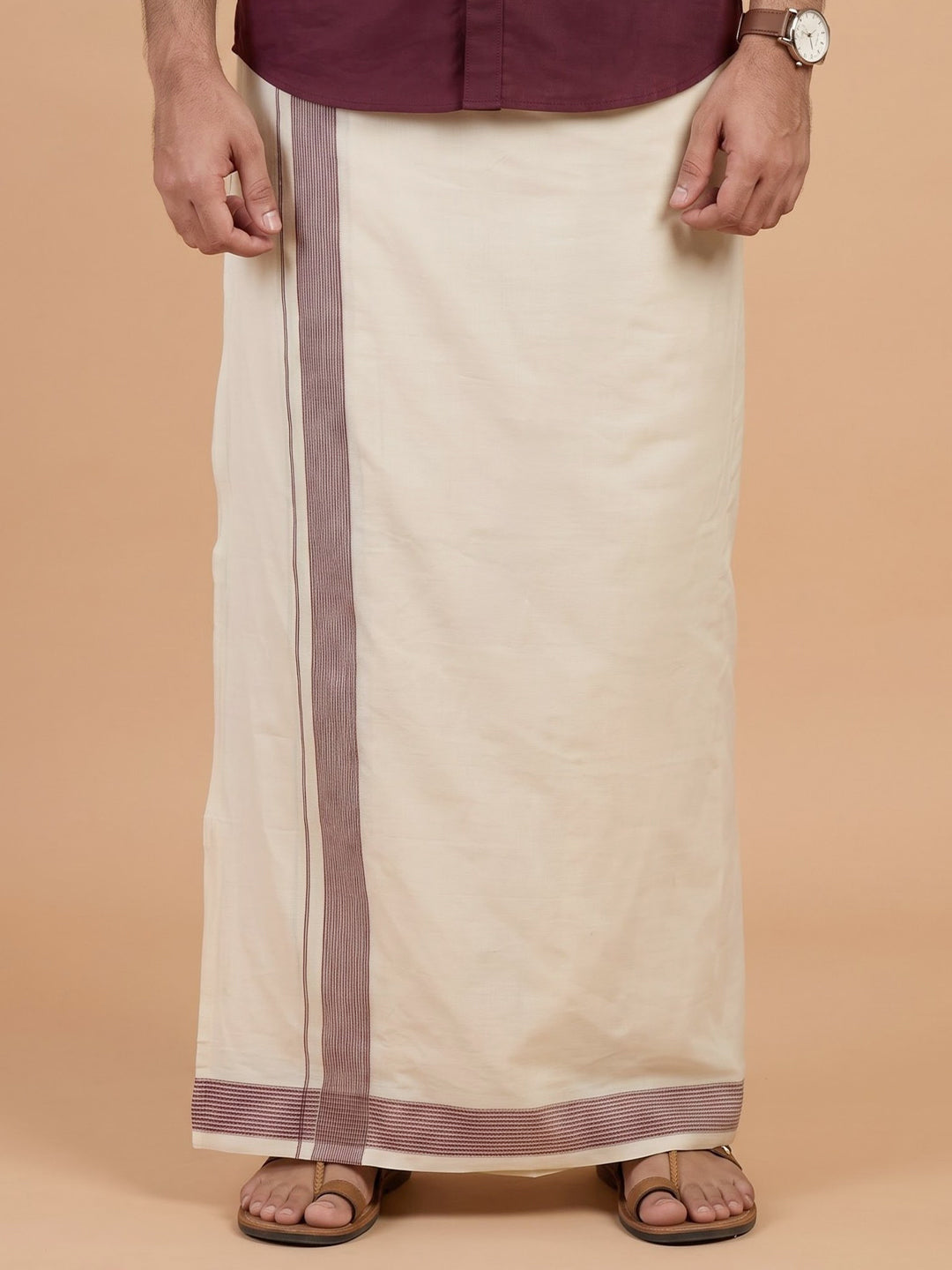 Double Layer Giza Cotton Cream Kora Dhoti with Colour Jari Border - LC37