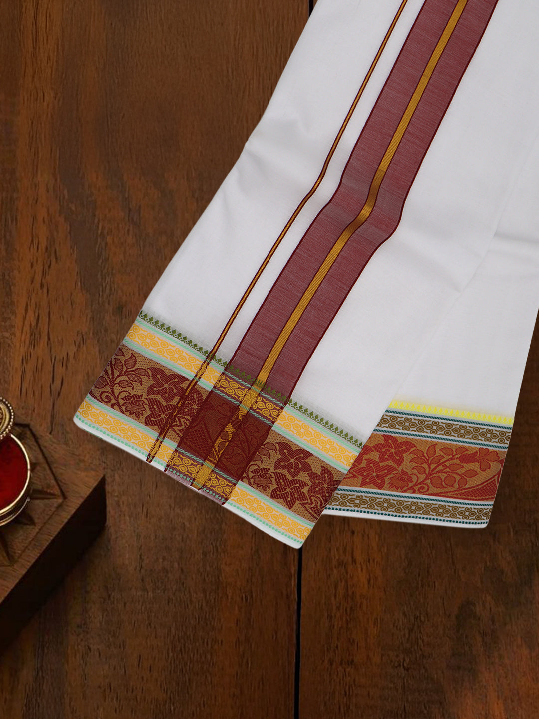 Men Cotton Maroon Fancy Border Panchakacham with Angavasthram Vishvadeva (9+5) VD02
