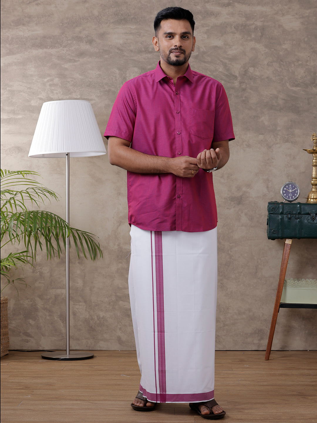 Men Magenta Matching Border Dhoti & Half Sleeves Shirt Set Evolution IC3