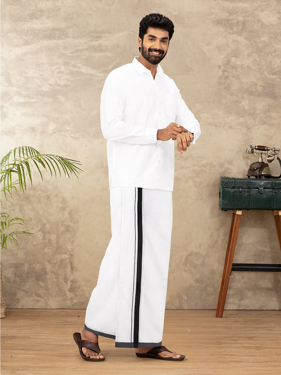 Men Cotton Blend Double Layer White Dhoti with Black Fancy Border Ricky Spl
