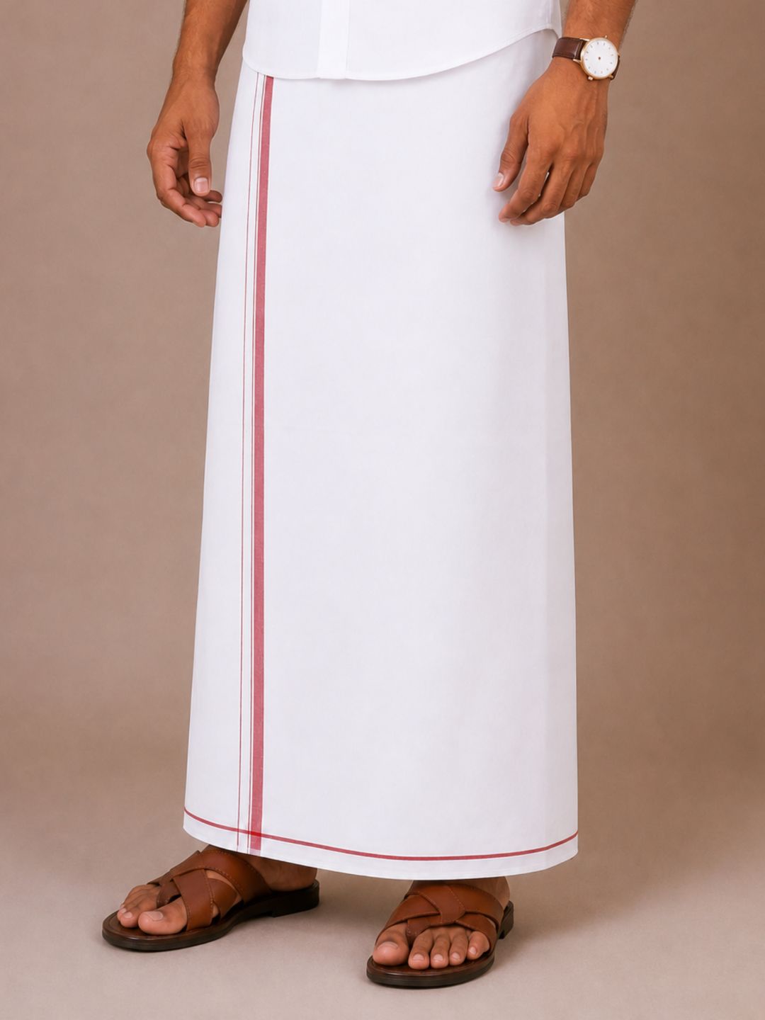Men 100% Cotton Double Layer White Dhoti with Small Border Wisdom W02