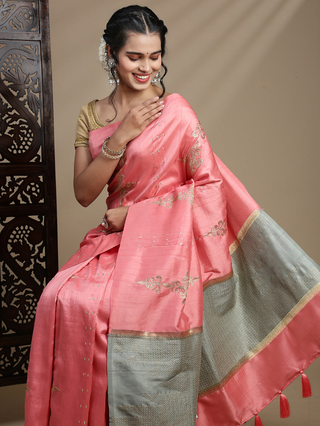 Women Pink Semi Tussar Embroidered Saree ST314