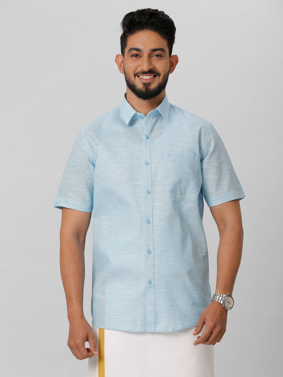 Mens Formal Small Checked Sky Blue Half Sleeves Cotton Shirt T13 CL7