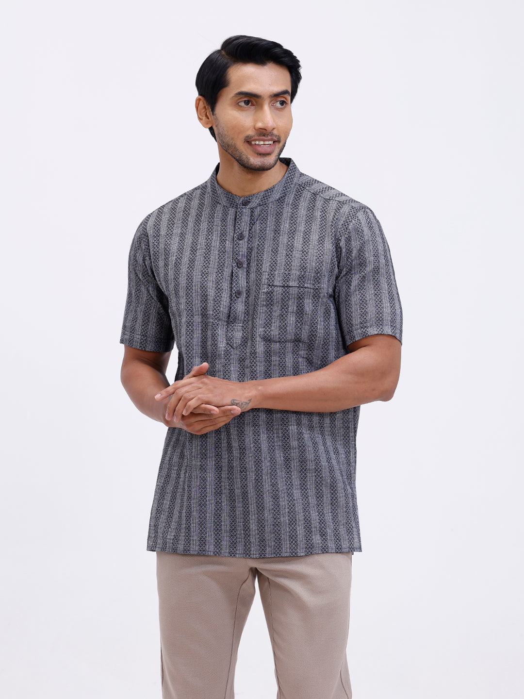 Men Cotton Short Length Self Design Pocket Kurta Mid Grey RK8