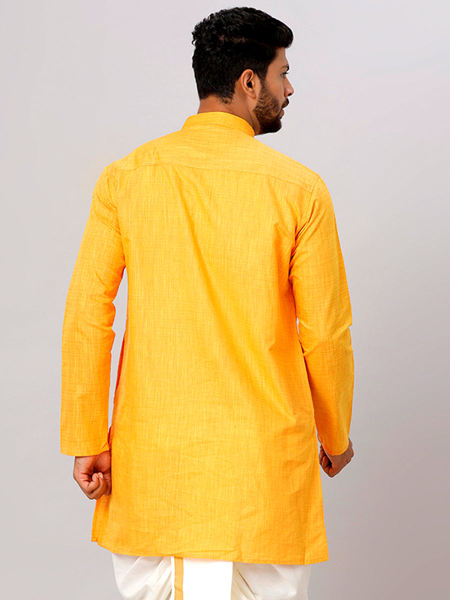 Mens Cotton Full Sleeves Yellow Medium Length Pocket Kurta FS1-Backview