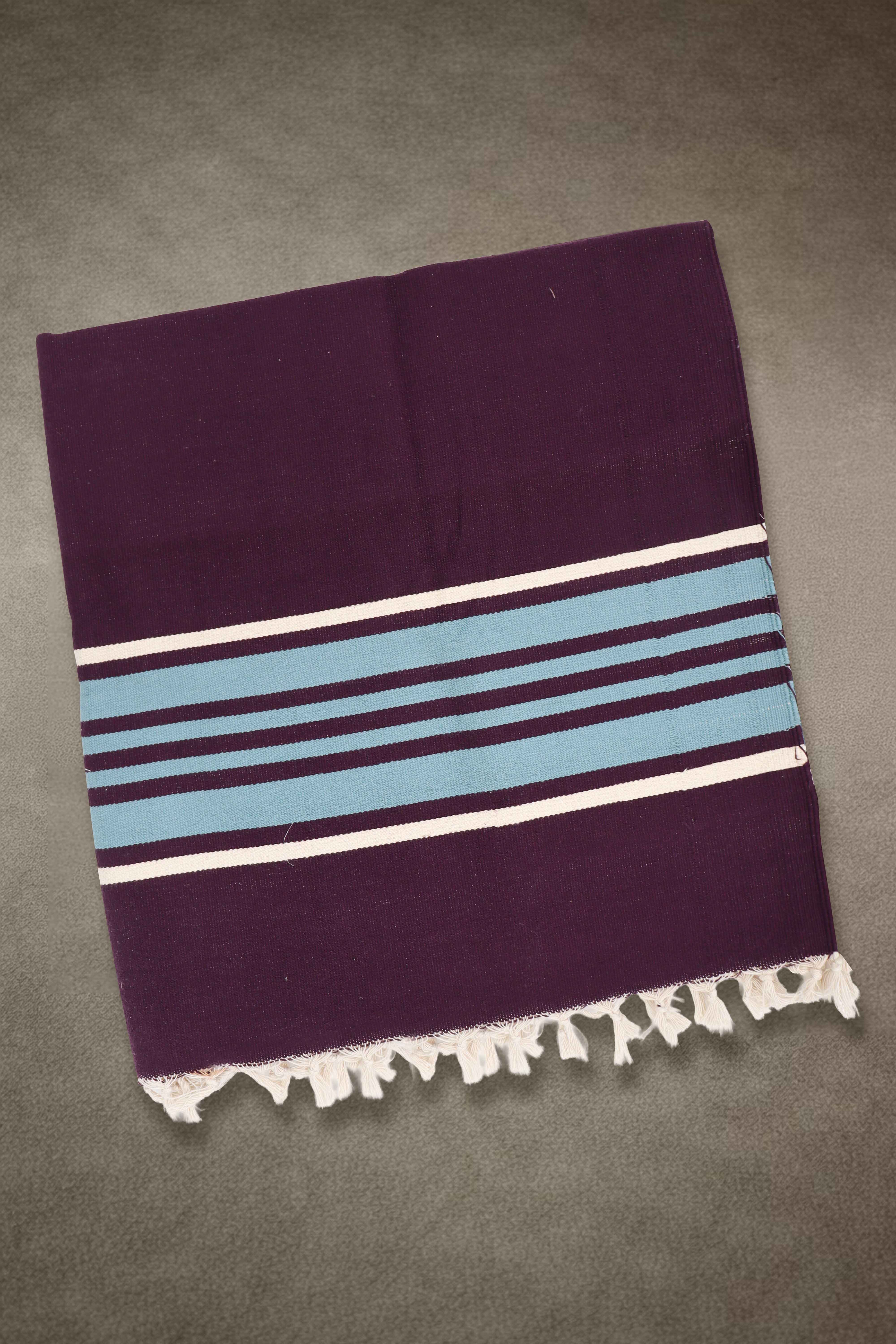 Bhavani Jamakkalam / Handwoven Cotton Carpet Dark Purple Base with White & Blue Stripes (3.25 ft × 6.5 ft)