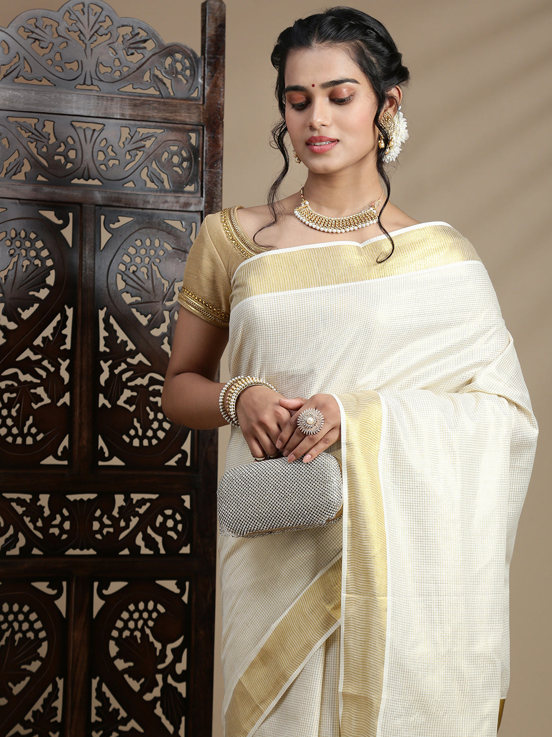 Couple Combo Shirt & Dhoti Set with Saree Gold KS221