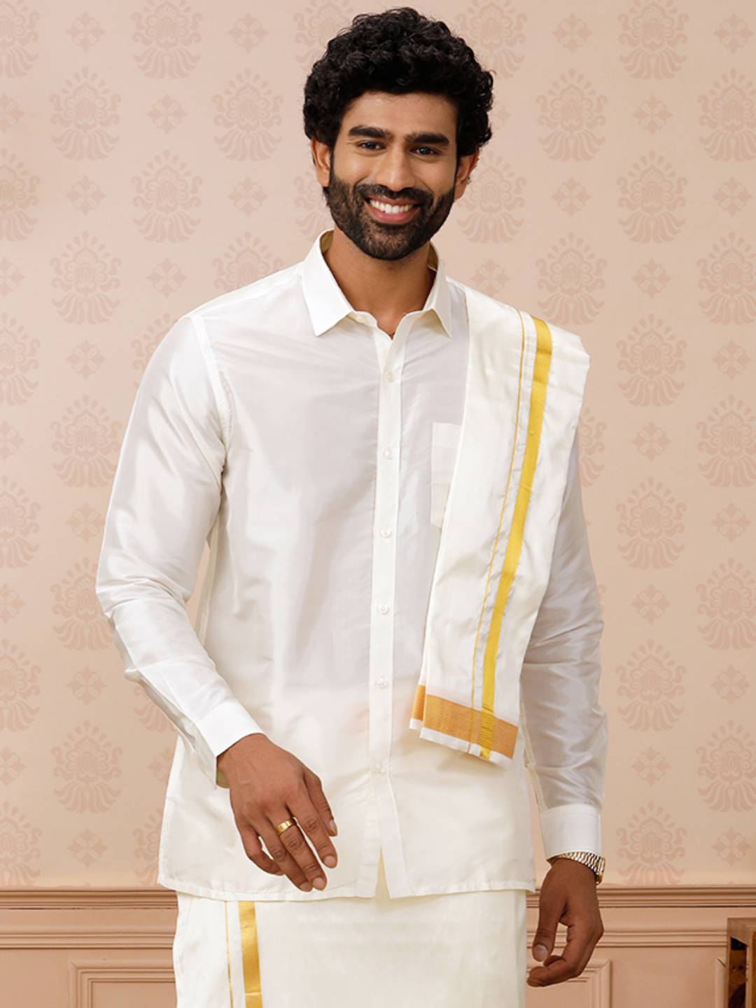 Men Pure Silk Cream Towel with 1 1/2" inch Jari Border Rajahamsa