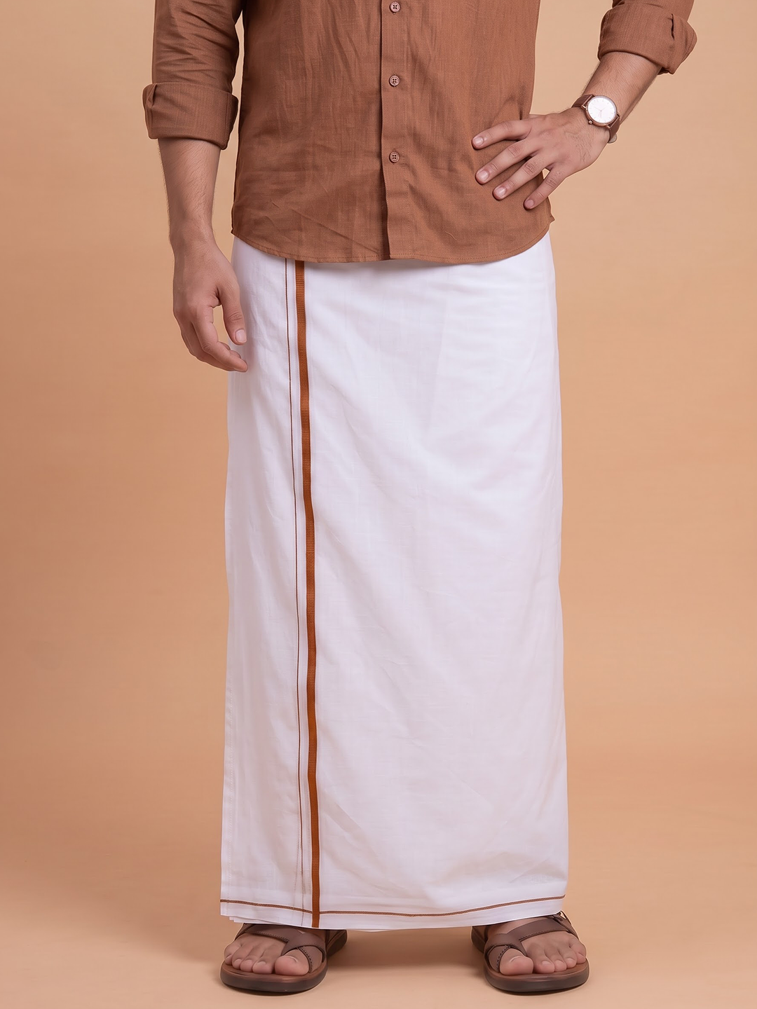 Double Layer 100% Cotton White Dhoti with Small Border - GS03