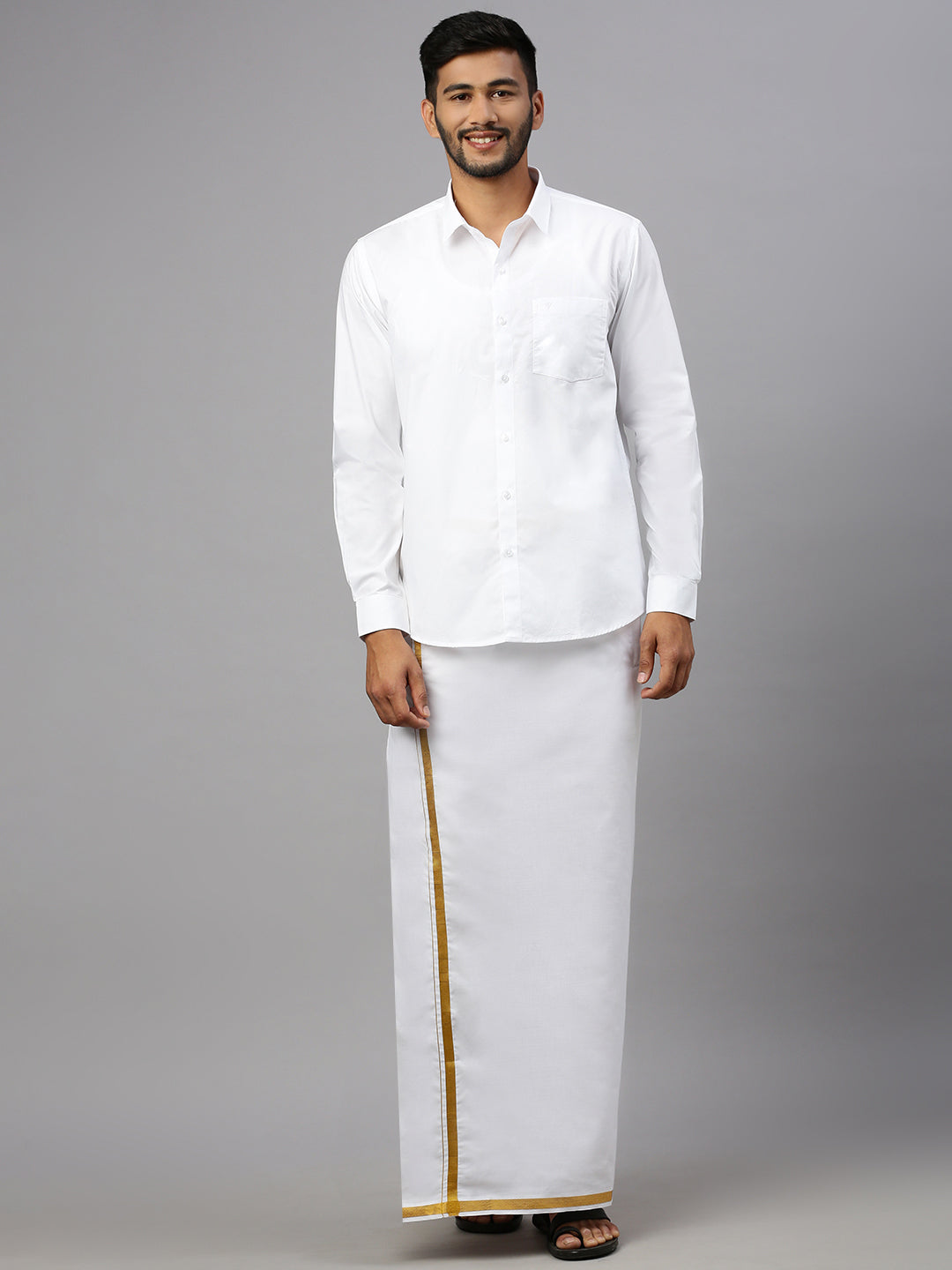 Men 100% Cotton Single Layer White Dhoti with 3/4" Gold Jari Border Aaren
