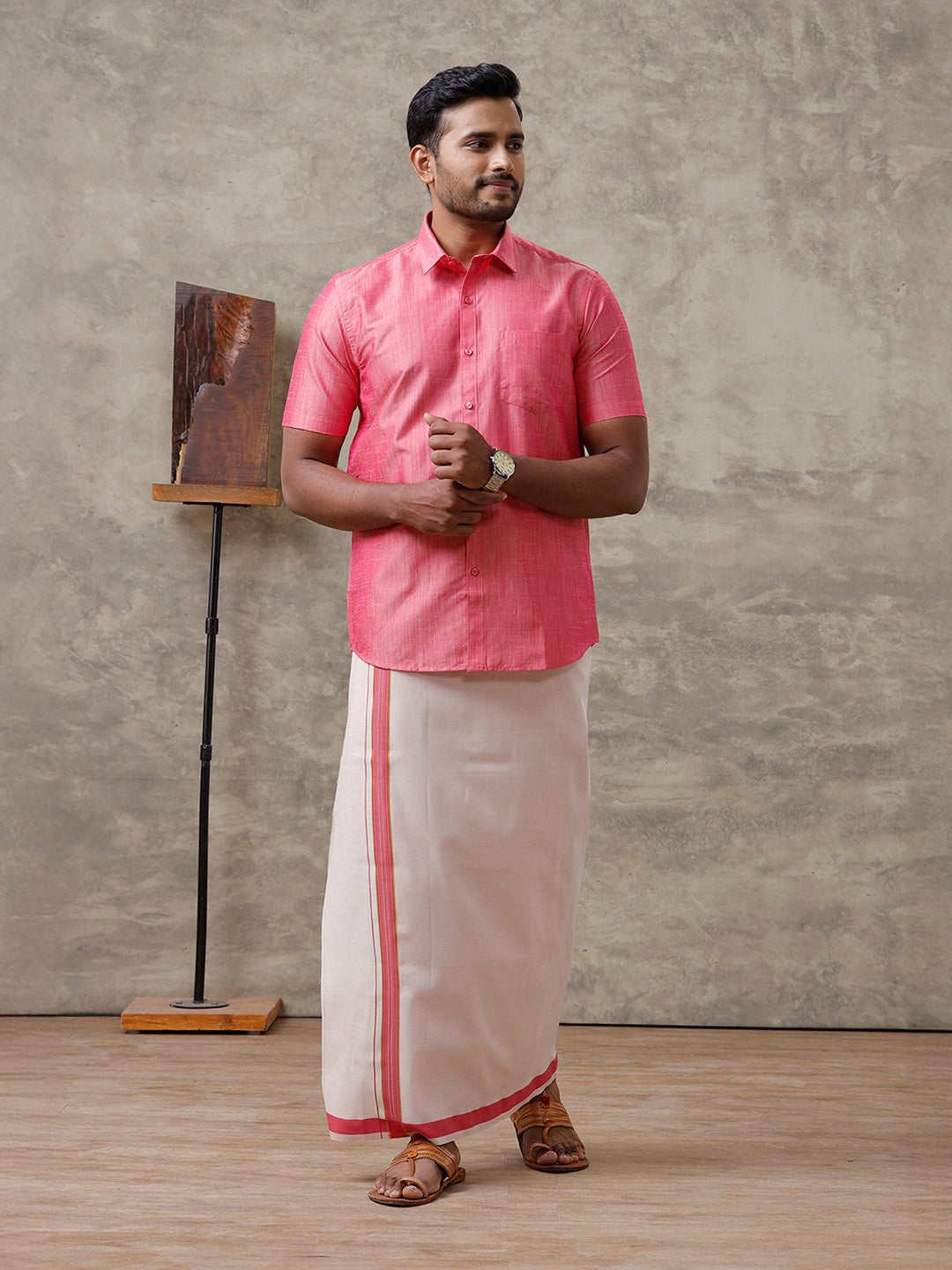 Couple Combo Shirt & Dhoti Set with Saree Pink ASS118