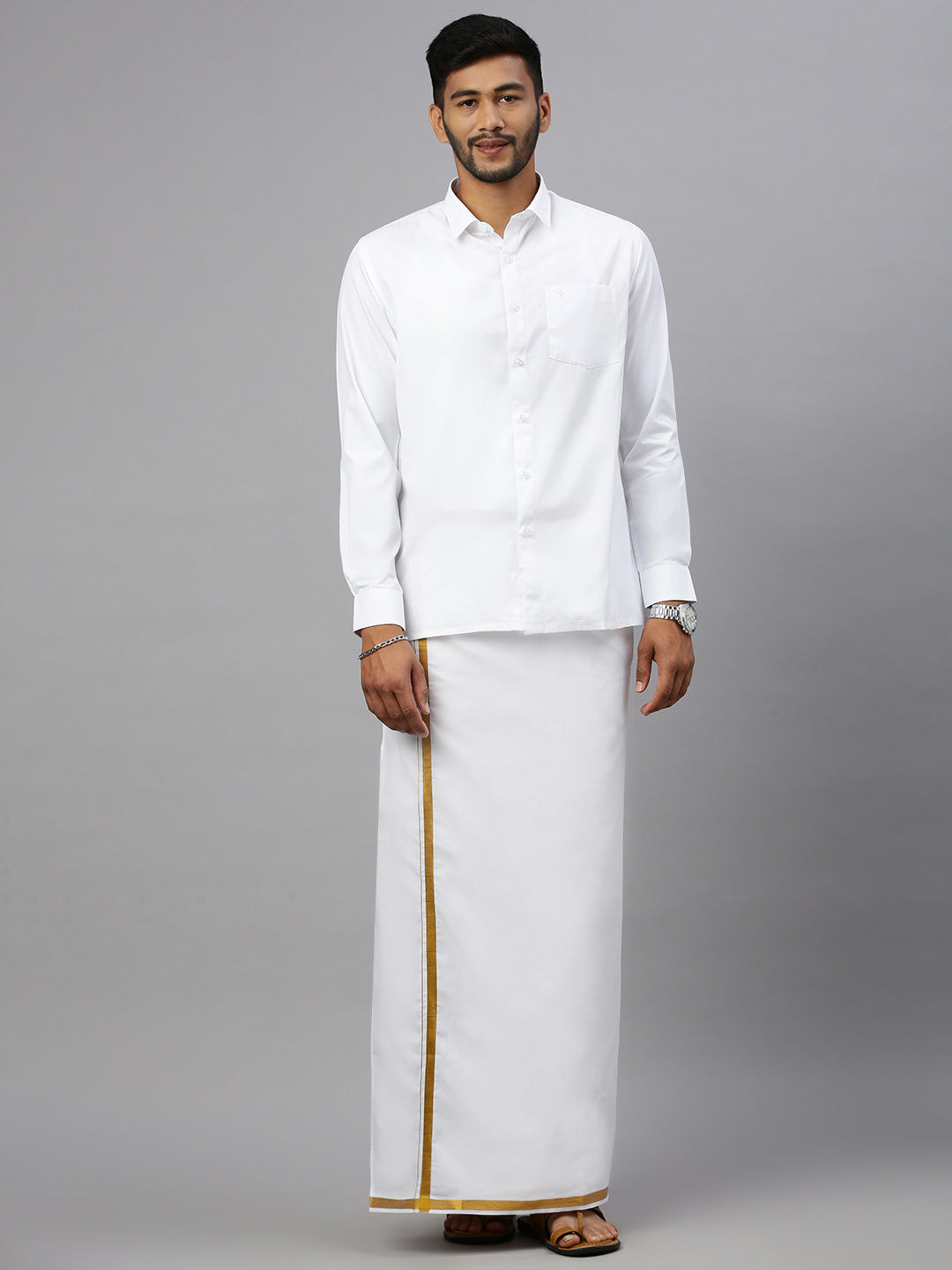 Men Cotton Blend Single Layer White Dhoti with 1/2" Jari Border Gold Tree