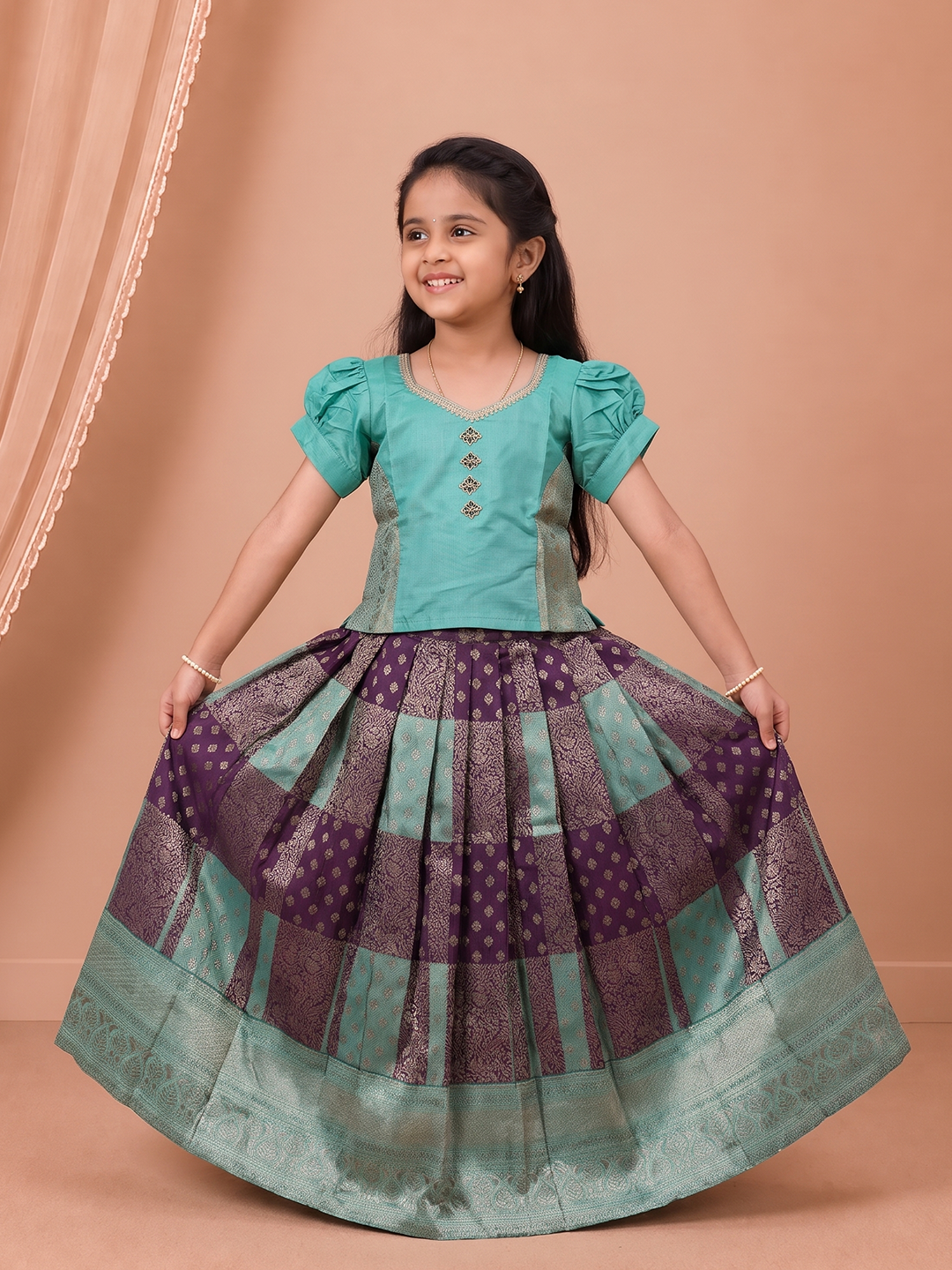 Girls Art Silk Turquoise Blue with Dark Violet Pattu Pavadai Set GPS83