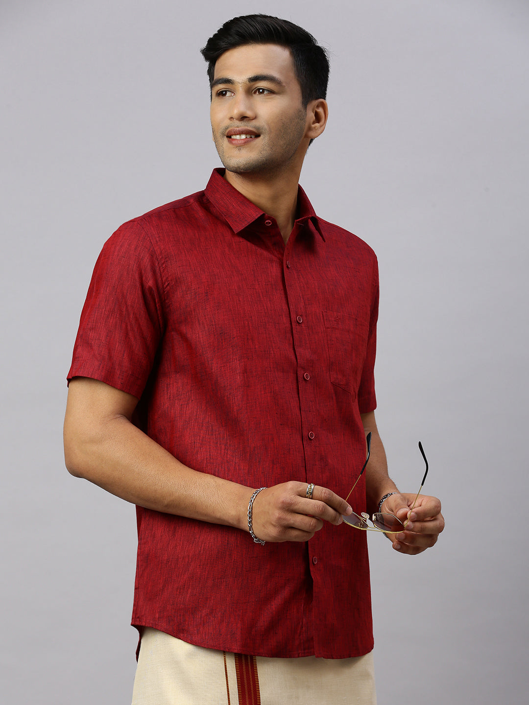 Men Cotton Rich Maroon Shirt and Tissue Dhoti Set C81