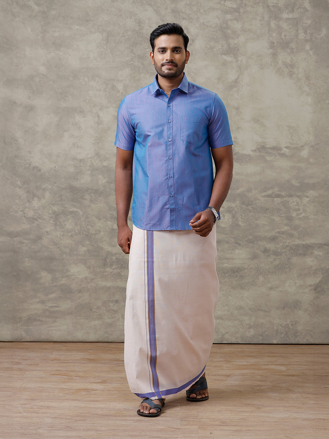 Men Cotton Blend Royal Blue Shirt and Tissue Dhoti Set VB5