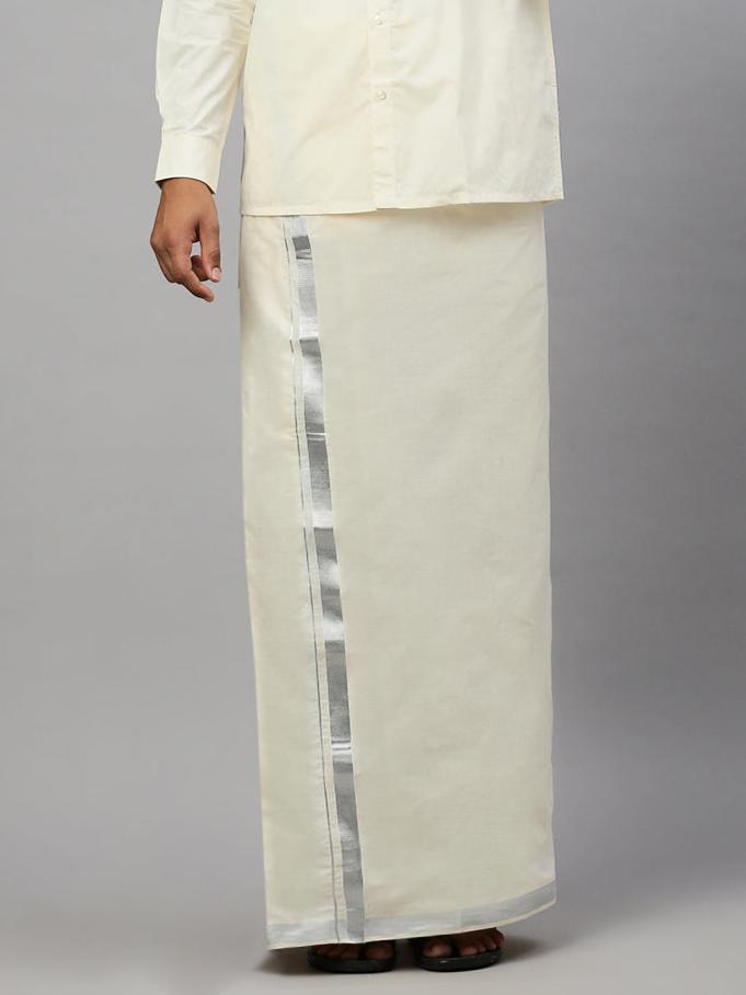 Men Kora Cotton Double Layer Dhoti with 1" inch Jari Border Silver Rose