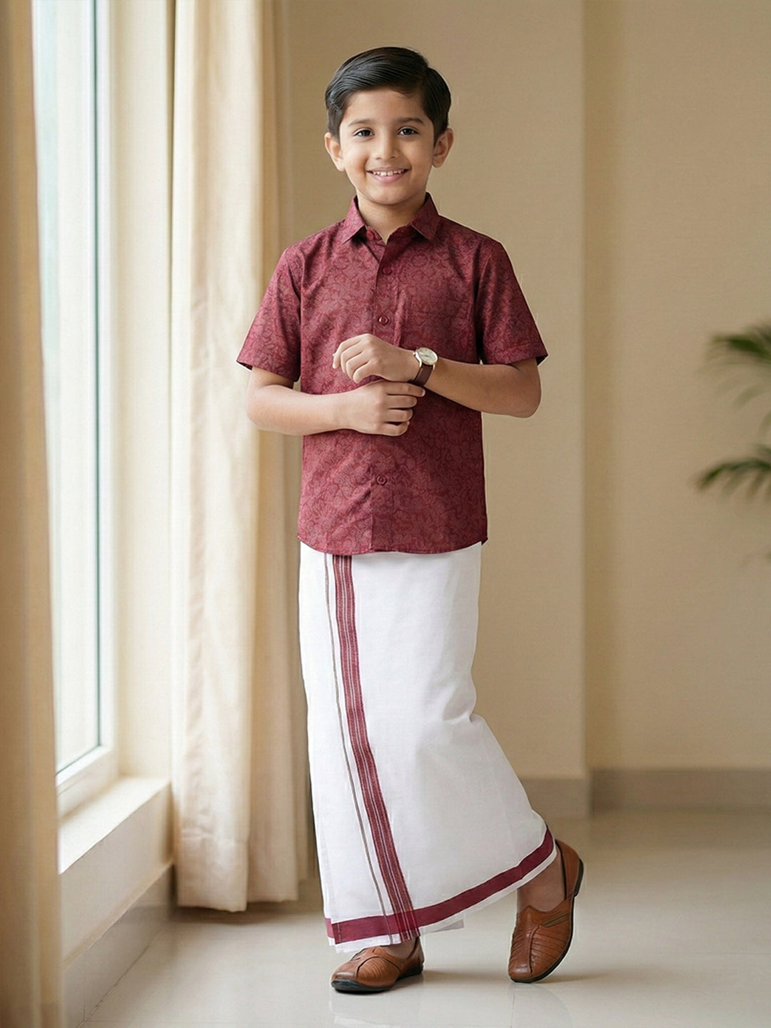 Boys Deep Red Matching Border Dhoti With Printed Shirt Set Fusion PS22