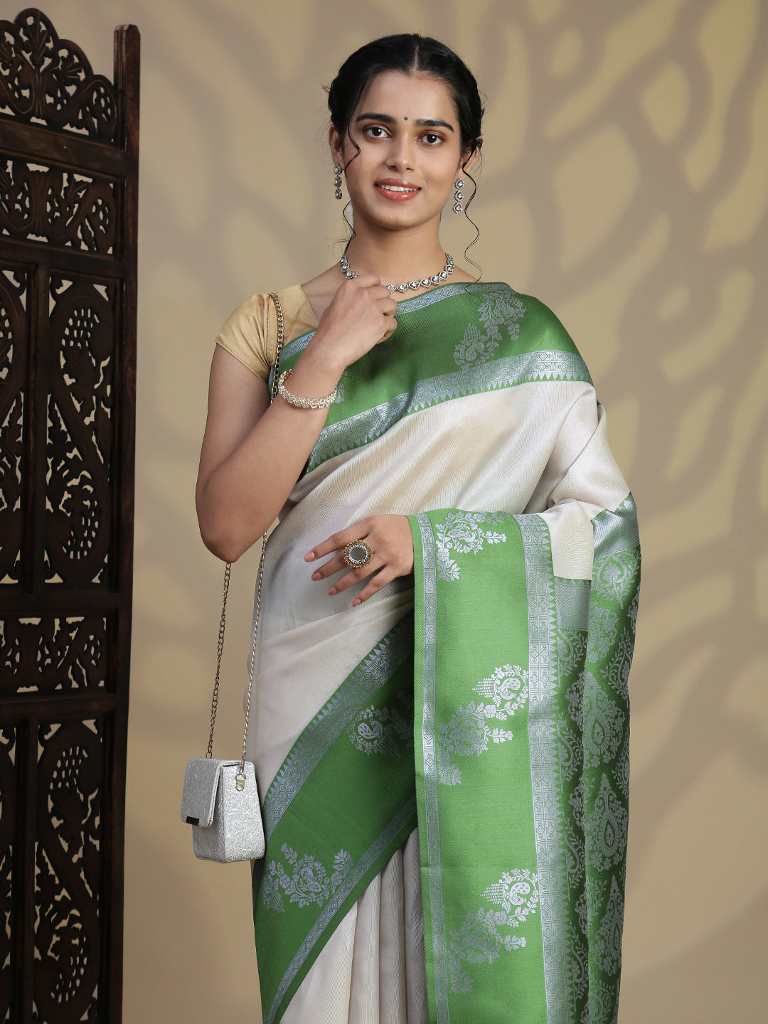 Women Silver Tissue Saree with Green Border TS63