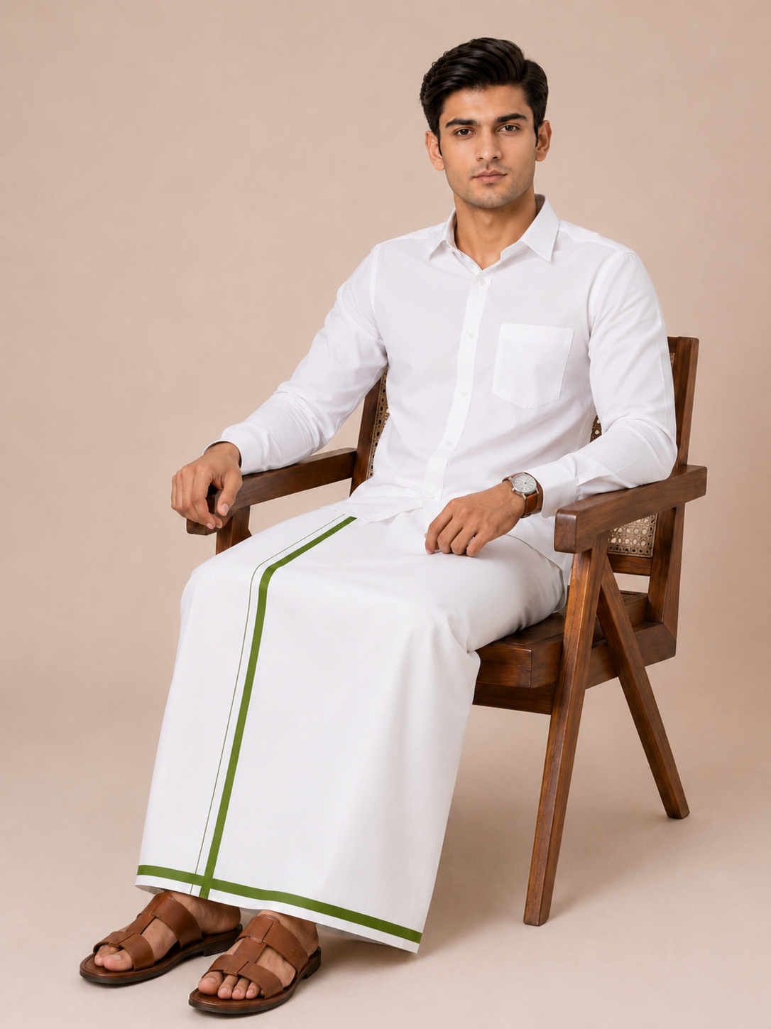 Men 100% Cotton Double Layer White Dhoti with Big Border Wisdom WB03