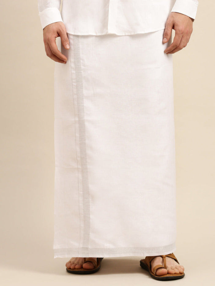 Men Pure Linen Single Layer Silver Dhoti with Jari Border 2660 SJ