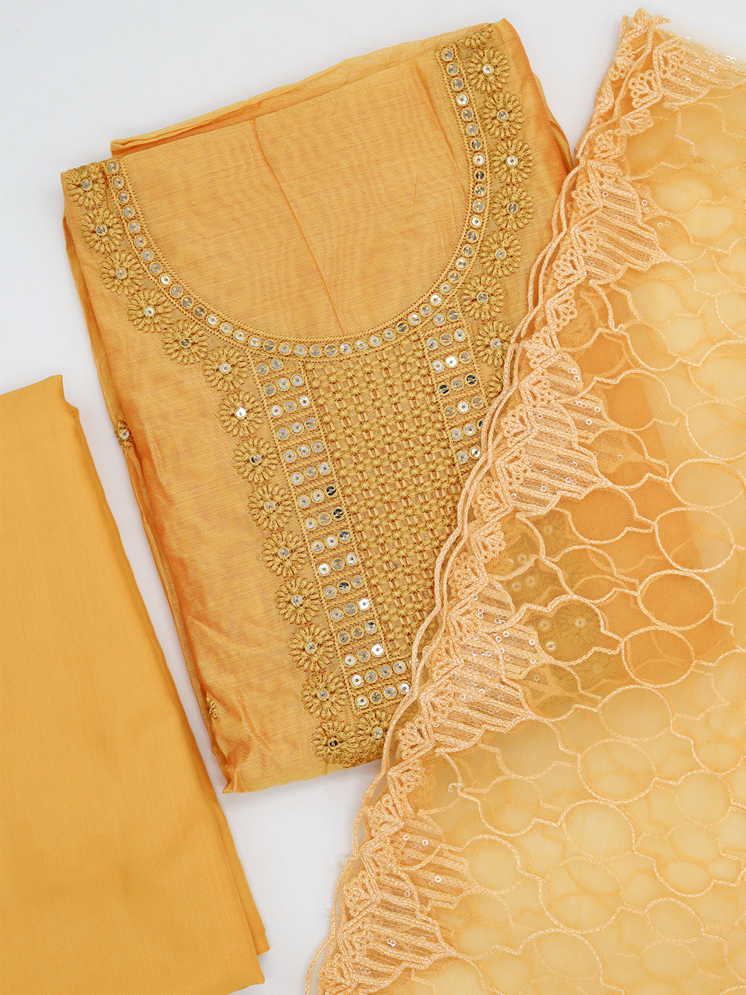 Women Semi Chanderi Embroidered Dress Material Golden Yellow DM361
