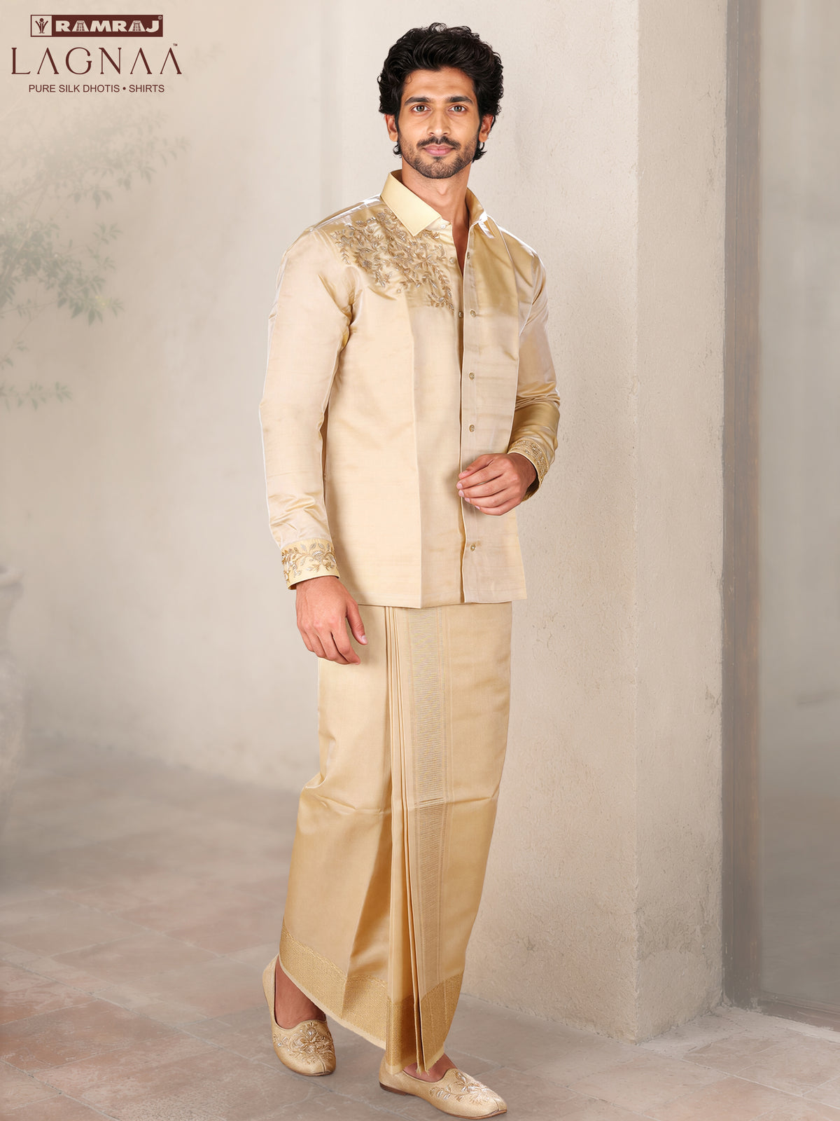 LAGNAA Premium Pure Tussar Silk Hand Embroidered Regal Leaf Chest Motif Designer Shirt & Dhoti Set | Mahavara