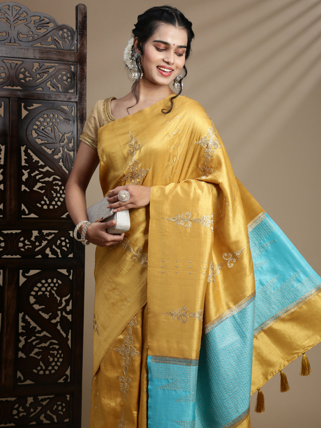Women Mustard Semi Tussar Embroidered Saree ST315