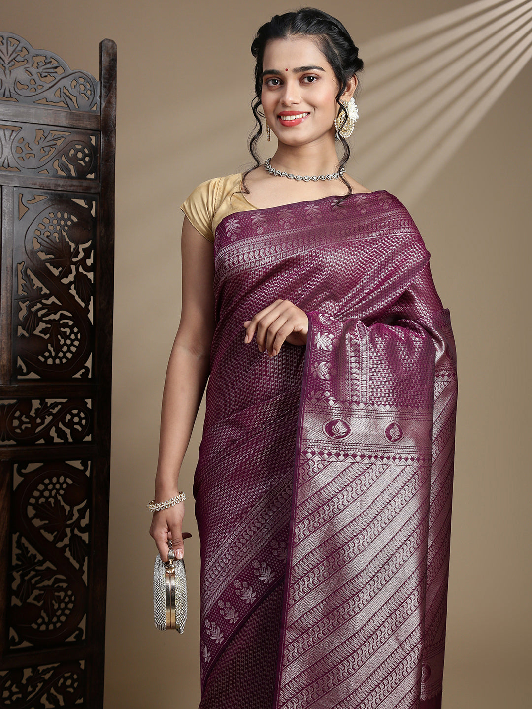 Women Dark Purple Semi Kora Cotton Saree SK118