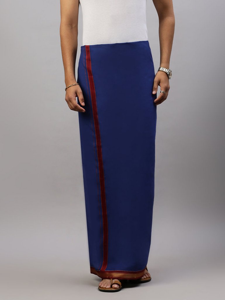 Men 100% Cotton Single Layer Blue Dhoti with Mayilkhan Border Brindhavan