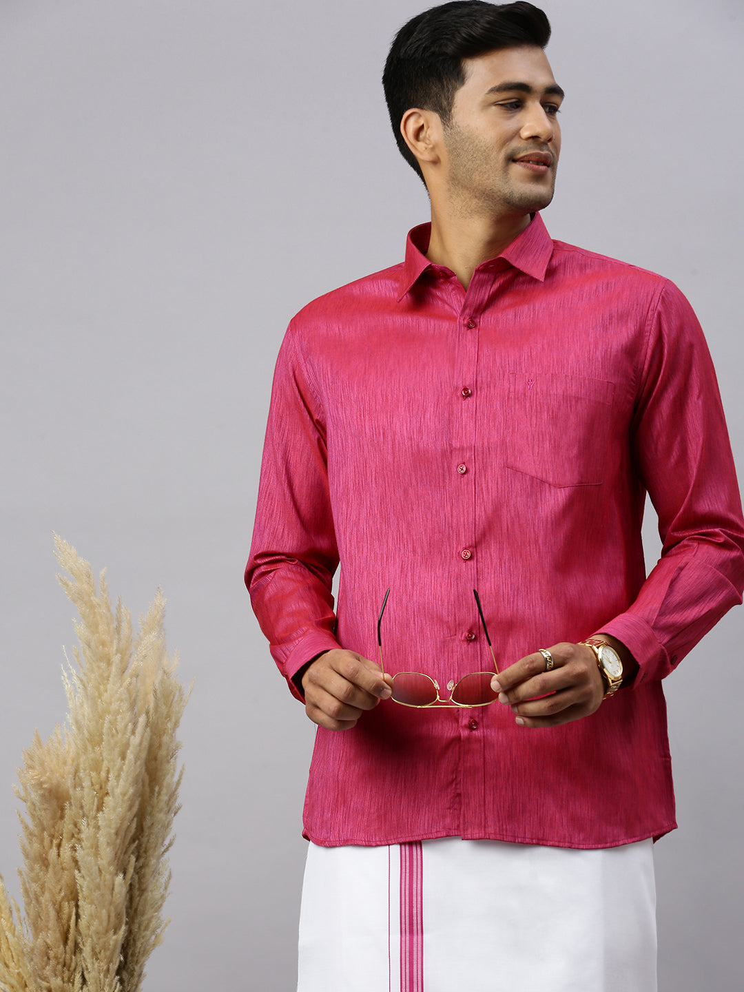 Men Magenta Matching Border Dhoti & Full Sleeves Shirt Set CV2